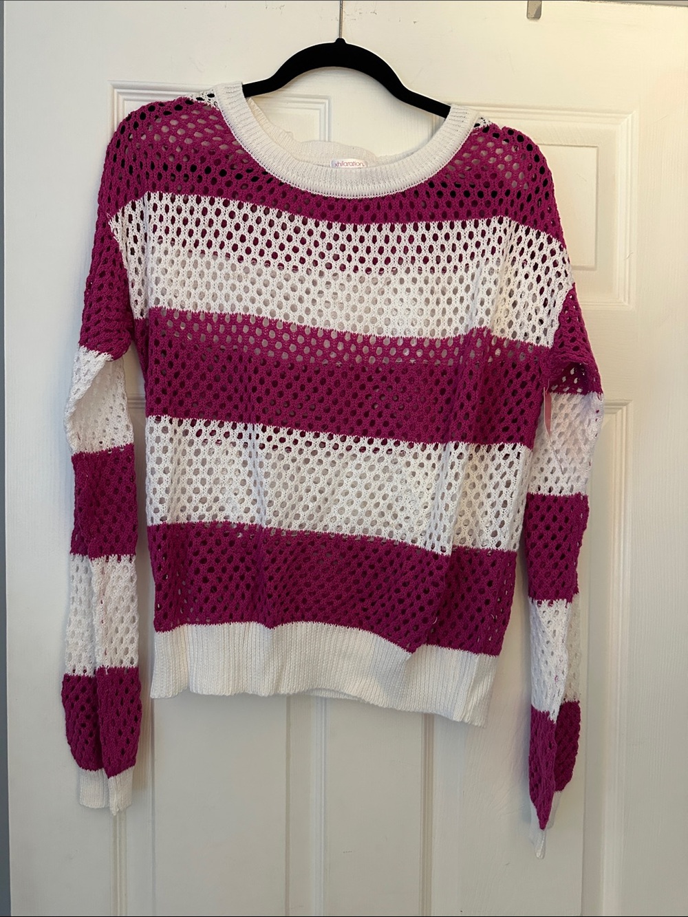 New Pink and White Striped Open-Knit Sweater
